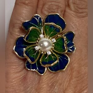 EYECANDY Los Angeles Flower With Faux Pearl Brass CZ Adjustable Ring